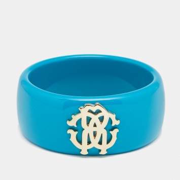 Pre Owned Roberto Cavalli Teal Blue Logo Wide Bangle Bracelet