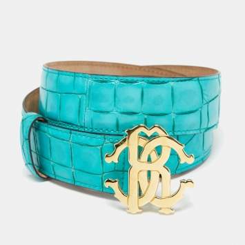 Pre Owned Roberto Cavalli Turquoise Croc Embossed Leather Logo Buckle Belt 85CM