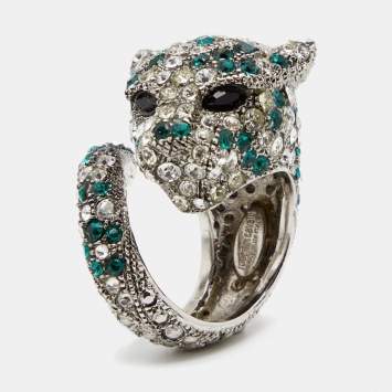 Pre Owned Roberto Cavalli Panther Head Crystal Silver Tone Adjustable Cocktail Ring EU 52