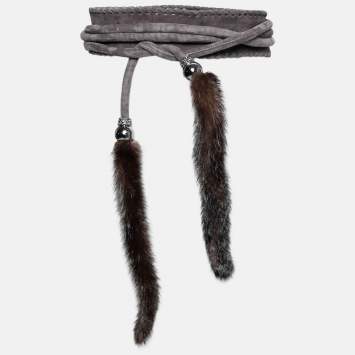 Pre Owned Roberto Cavalli Grey Suede and Mink Fur Wrap Around Waist Belt