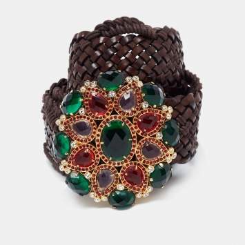 Pre Owned Roberto Cavalli Dark Brown Braided Leather Crystal Embellished Waist Belt