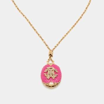 Pre Owned Roberto Cavalli Gold Tone Pink Enamel Crystal Logo Pendant Necklace