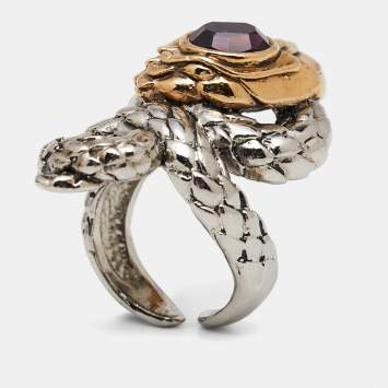 Pre Owned Roberto Cavalli Two Tone Embellished Serpenti Cocktail Ring Size EU 51