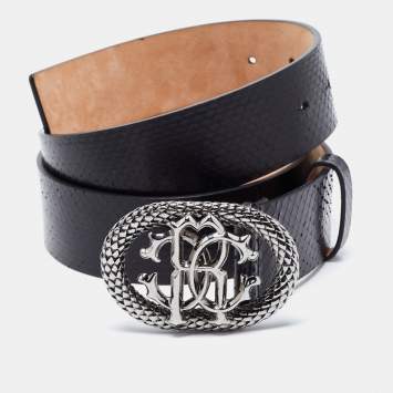 Pre Owned Roberto Cavalli Black Snakeskin Logo Buckle Belt 95 CM