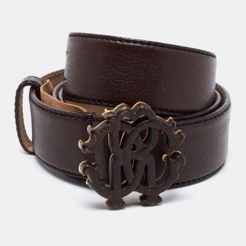 Pre Owned Roberto Cavalli Dark Brown Leather RC Logo Buckle Belt 90CM