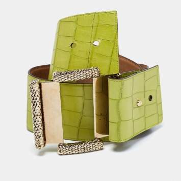 Pre Owned Roberto Cavalli Green Croc Embossed Leather Wide Waist Buckle Belt 75CM