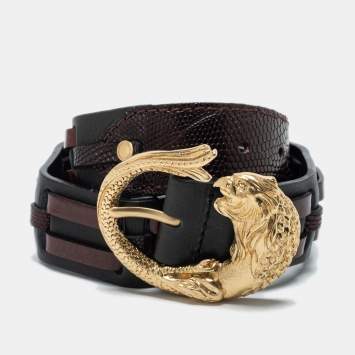 Pre Owned Roberto Cavalli Dark Brown/Black Lizard Embossed and Leather Dragon Buckle Belt