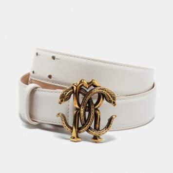 Pre Owned Roberto Cavalli White Leather Snake Buckle Belt 85CM