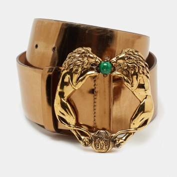 Pre Owned Roberto Cavalli Bronze Glazed Leather Waist Lions Buckle Belt 90CM
