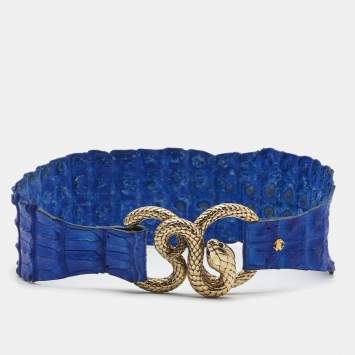 Pre Owned Roberto Cavalli Blue Crocodile Leather Snake Buckle Belt