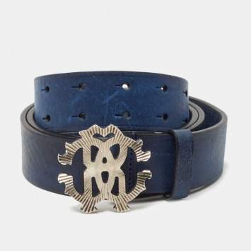 Pre Owned Roberto Cavalli Blue Leather Logo Buckle Belt 105 CM