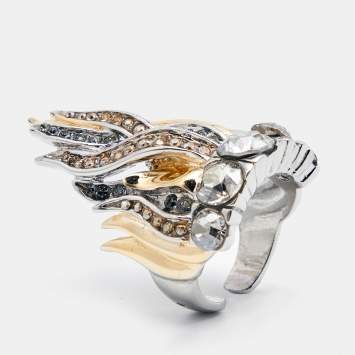 Pre Owned Roberto Cavalli Crystals Two Tone Ring Size 55