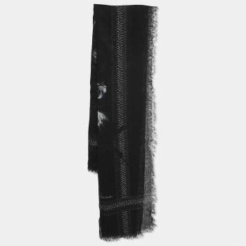 Pre Owned Roberto Cavalli Black Floral Print Cashmere Scarf