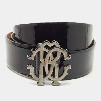 Pre Owned Roberto Cavalli Black Patent Leather RC Logo Buckle Belt 85CM