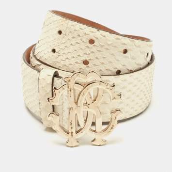 Pre Owned Roberto Cavalli White Python RC Logo Belt 80CM