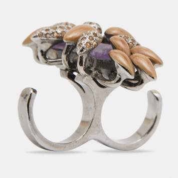 Pre Owned Roberto Cavalli Gunmetal Tone Crystal & Stone Double Finger Ring Size EU 56