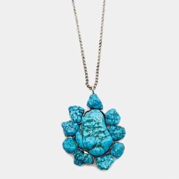 Pre Owned Roberto Cavalli Turquoise Color Stone Silver Tone Pendant Necklace