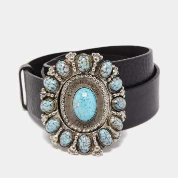Pre Owned Roberto Cavalli Black/Turquoise Leather Embellished Oval Buckle Belt L