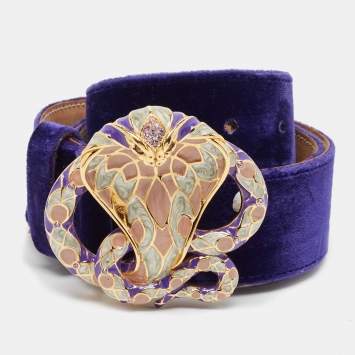 Pre Owned Roberto Cavalli Blue Velvet Snake Head Crystals Belt 85CM