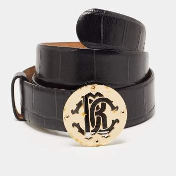 Pre Owned Roberto Cavalli Black Croc Embossed Leather Logo Buckle Belt 85CM