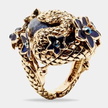 Pre Owned Roberto Cavalli Enamel Crystal Gold Tone Serpenti Ring Size 52 