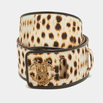 Pre Owned Roberto Cavalli Beige Leaopard Print Canvas RC Logo Waist Belt 95CM