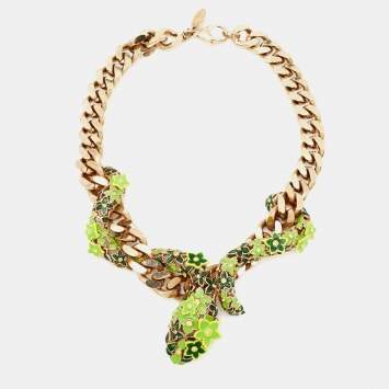 Pre Owned Roberto Cavalli Snake Ename Gold Tone Necklace