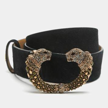 Pre Owned Roberto Cavalli Black Suede Crystal Embellished Panther Head Buckle Belt 85CM