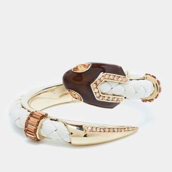 Pre Owned Roberto Cavalli Snake Resin Crystals Leather Gold Tone Bracelet 