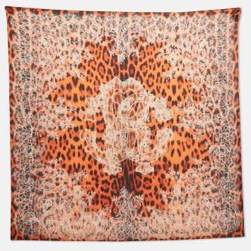 Pre Owned Roberto Cavalli Orange Animal and Floral Lace Print Silk Scarf