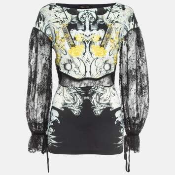 Pre Owned Roberto Cavalli Jersey Multicolor Print Lace Detailed Top M
