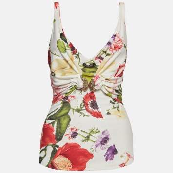مملوكة مسبقًا Roberto Cavalli Cream Floral Printed Jersey Embellished Top M