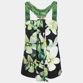 مملوكة مسبقًا Roberto Cavalli Green Floral Print Jersey Brooch Detail Top M