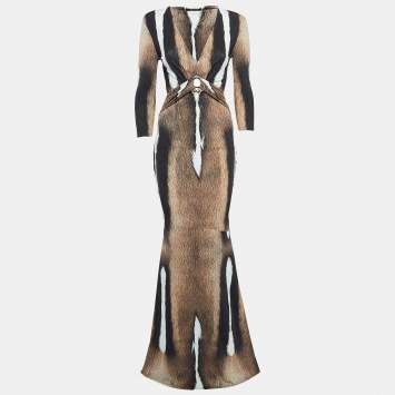 Pre Owned Roberto Cavalli Brown Fur Print Jersey Brooch Detail Maxi Dress M