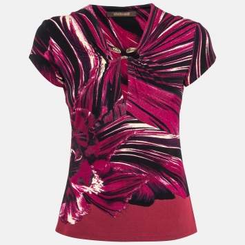 Pre Owned Roberto Cavalli Pink Printed Jersey Brooch Embellished Top S