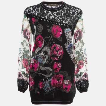 Pre Owned Roberto Cavalli Black Floral Pattern Knitted Lace Trim Mini Dress M