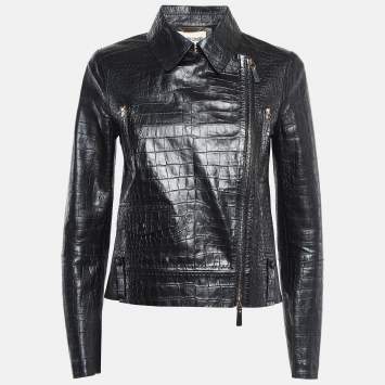 Pre Owned Roberto Cavalli Black Reptile Embossed Leather Biker Jacket S