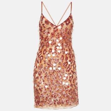 Pre Owned Roberto Cavalli Coral Beige Sequin Mini Dress M