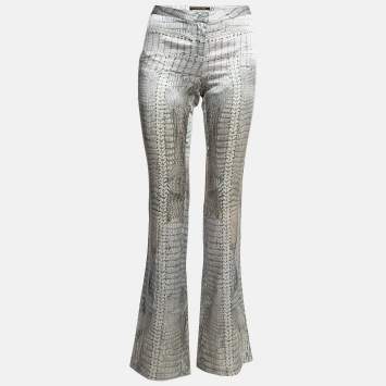 Pre Owned Roberto Cavalli Grey Snake Print Satin Silk Wide-Leg Trousers M