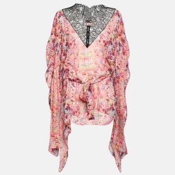 Pre Owned Roberto Cavalli Multicolor Silk and Lace Kaftan Top M