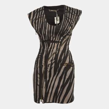 Pre Owned Roberto Cavalli Black Zebra Print Denim Zip Detail Mini Dress S