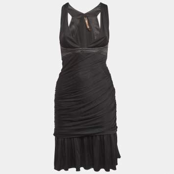 Pre Owned Roberto Cavalli Black Stretch Crepe Ruche Midi Dress S