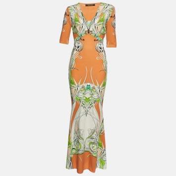 Pre Owned Roberto Cavalli Orange Printed Jersey Maxi Dress M