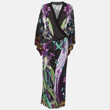 Pre Owned Roberto Cavalli Black Floral Print Jersey Kaftan Maxi Dress S