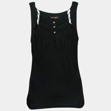Pre Owned Roberto Cavalli Black Jersey Ruffle Detail Top M