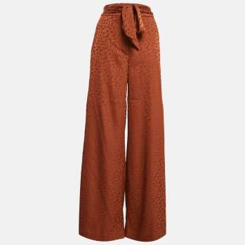 Pre Owned Roberto Cavalli Brown Jacquard Belted Wide-Leg Pants S