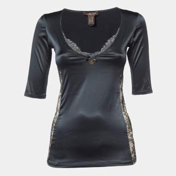 Pre Owned Roberto Cavalli Black Satin Lace Trim V-Neck Top M