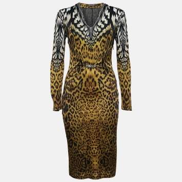 Pre Owned Roberto Cavalli Black Leopard Print V-Neck Midi Dress M