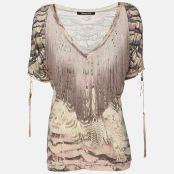 Pre Owned Roberto Cavalli Multicolor Printed Silk Fringed Neckline V-Neck Top XL