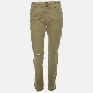 Pre Owned Roberto Cavalli Olive Green Ripped Denim Jeans XS
